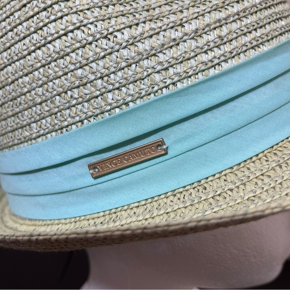 Vince Camuto Paper Straw Fedora Teal Ribbon - Picture 6 of 12